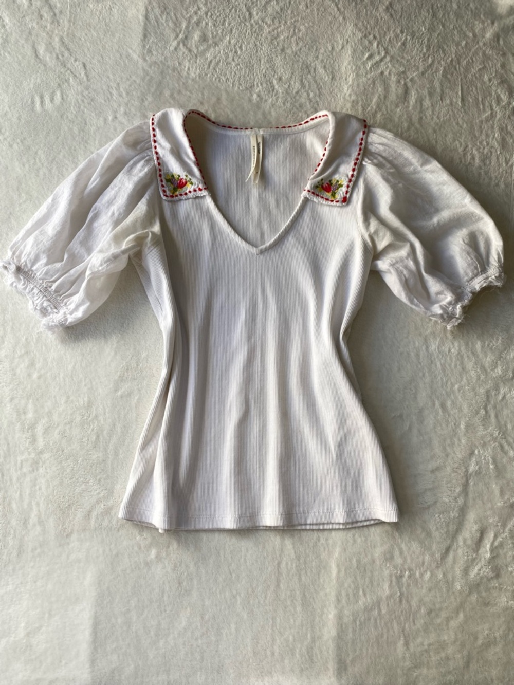 Anthropologie Embroidered Peter Pan Collar Ribbed Puff Sleeve Top S Cottagecore - Picture 8 of 14